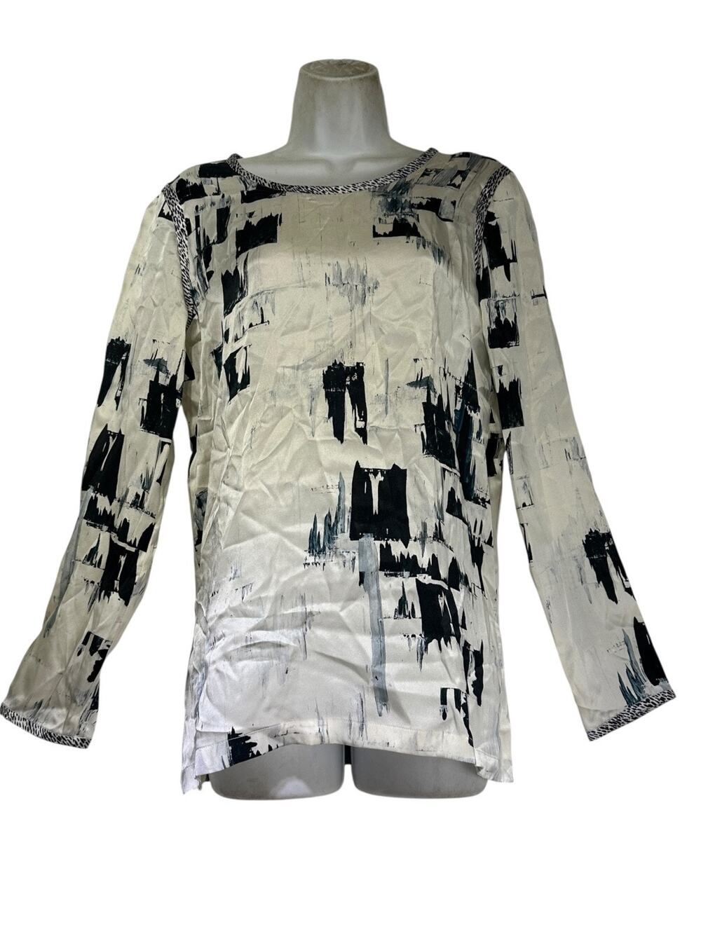 Max Mara Women’s Abstract Print Silk Long Sleeve Tunic Blouse Ivory Black